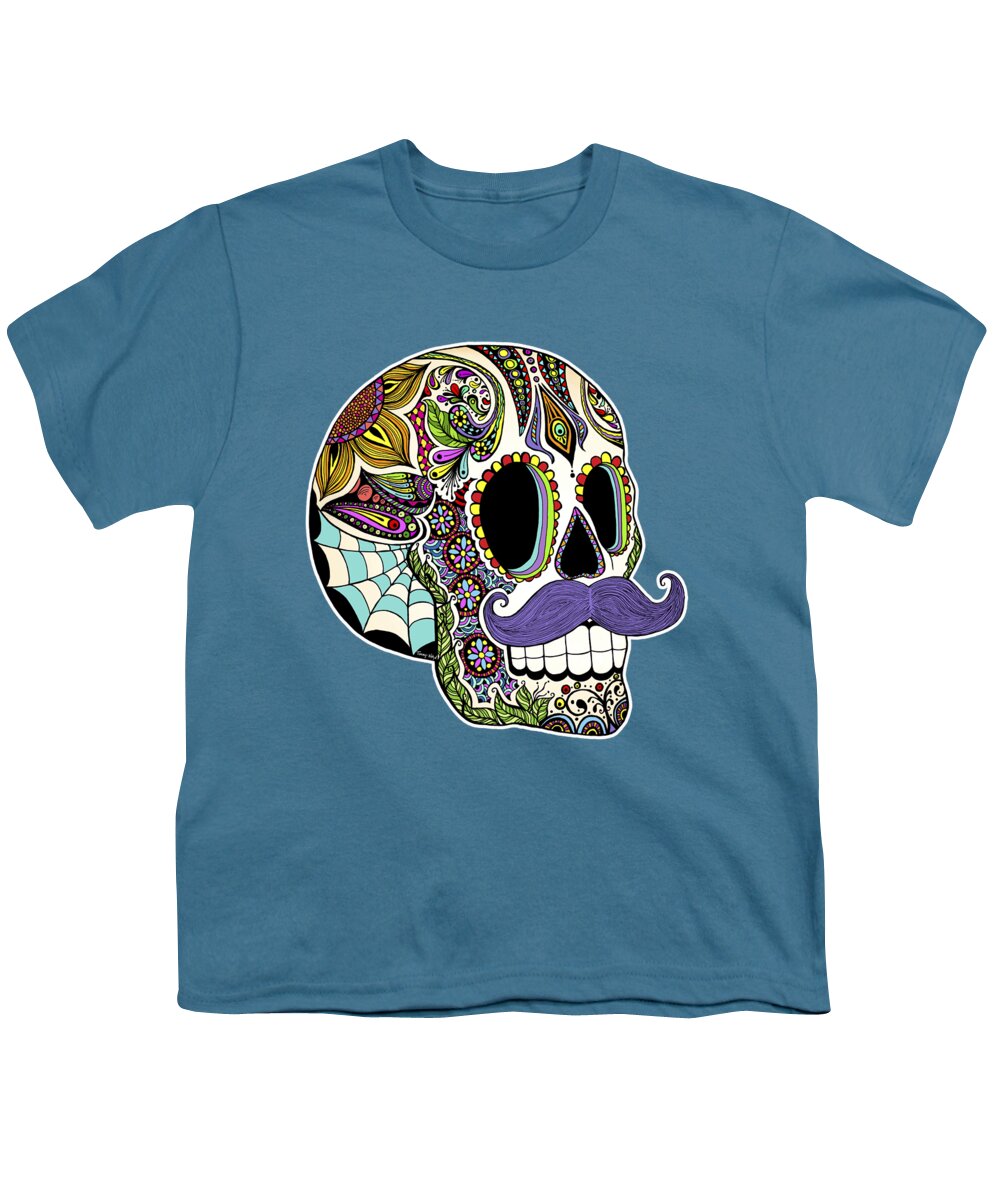 Sugar Skull Youth T-Shirt featuring the digital art Mustache Sugar Skull by Tammy Wetzel