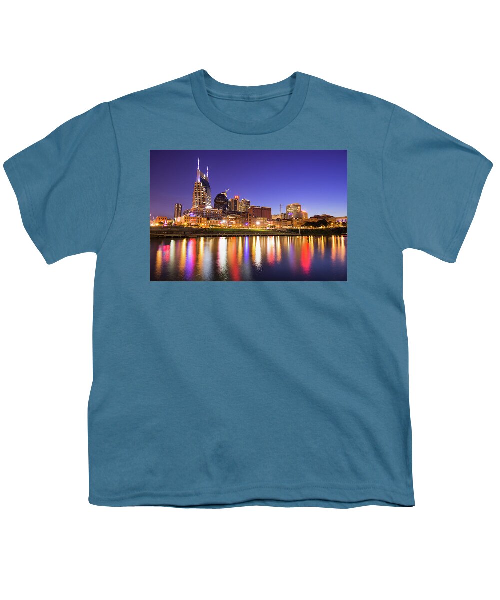 America Youth T-Shirt featuring the photograph Nashville Skyline at Night on the Cumberland River by Gregory Ballos