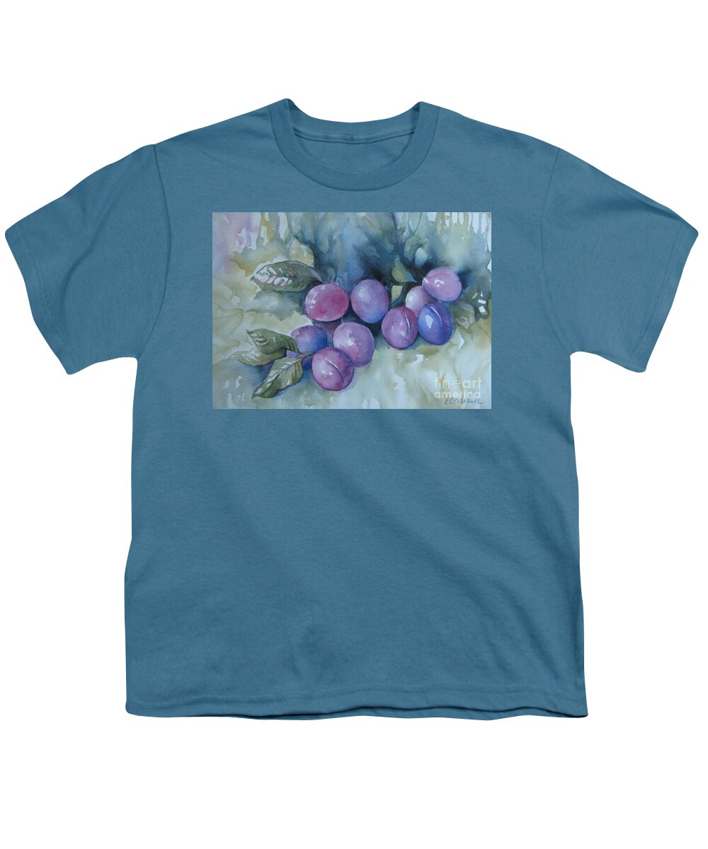Plums Youth T-Shirt featuring the painting Purple plums by Elena Oleniuc