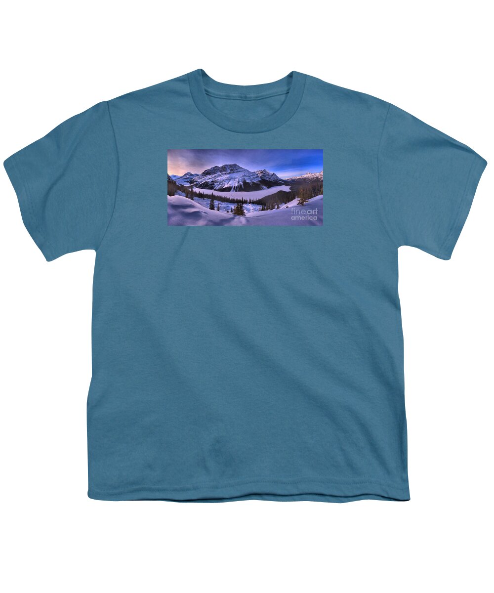 Peyto Lake Youth T-Shirt featuring the photograph Purple Skies At Peyto Lake by Adam Jewell