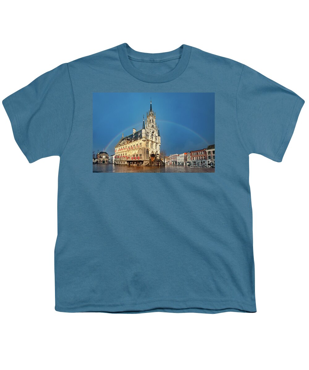 Gouda Youth T-Shirt featuring the photograph Rainbow over Town Hall Gouda by Casper Cammeraat