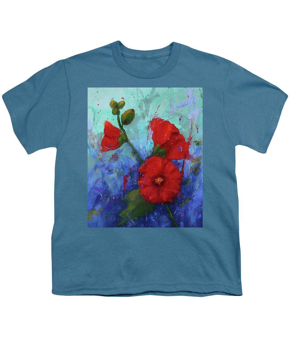 Floral Art Youth T-Shirt featuring the painting Red Hollyhocks by Monica Burnette