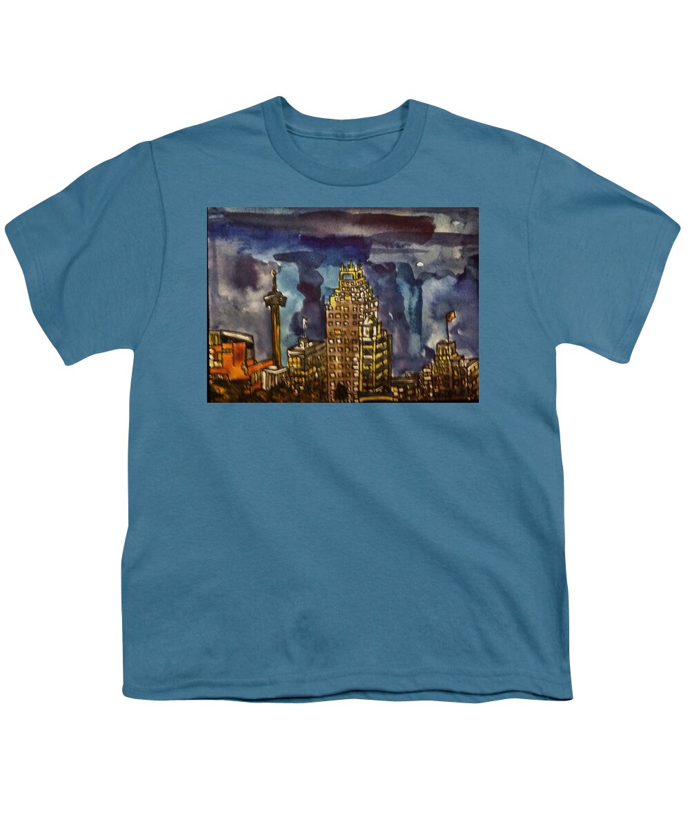 Aceo Youth T-Shirt featuring the painting San Antonio at Night #2 by Angela Weddle