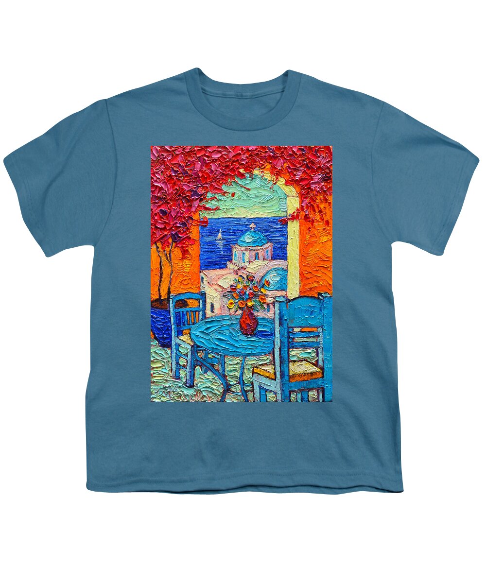 Greece Youth T-Shirt featuring the painting Santorini Dream Greece Contemporary Impressionist Palette Knife Oil Painting By Ana Maria Edulescu by Ana Maria Edulescu