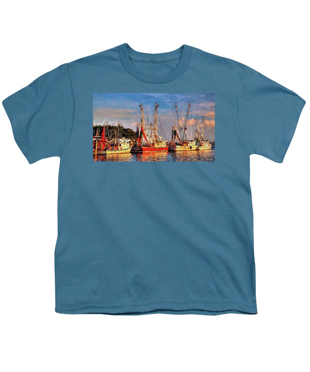 Carol R Montoya Youth T-Shirt featuring the photograph Shrimp Boats Shem Creek In Mt. Pleasant South Carolina Sunset by Carol Montoya