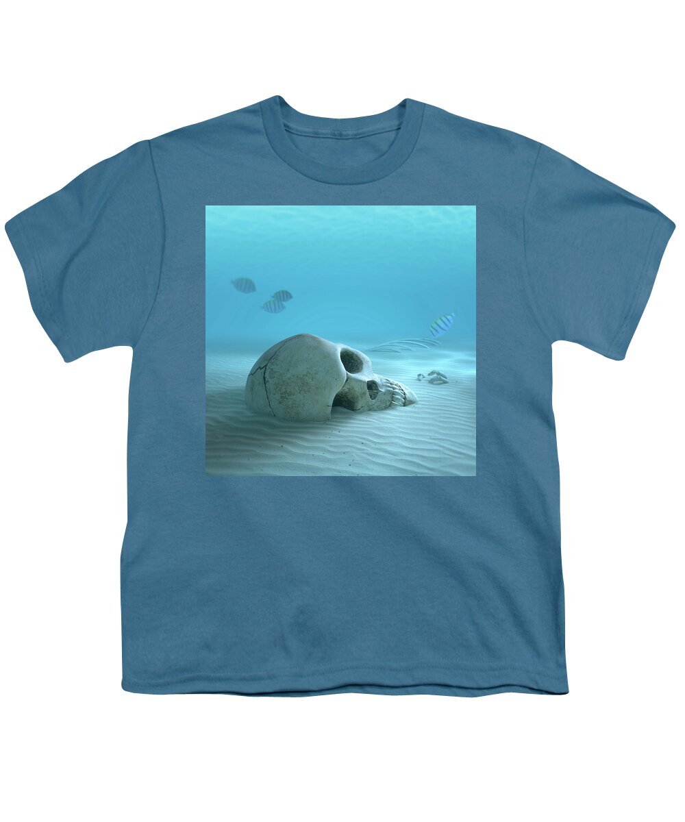 Skull Youth T-Shirt featuring the photograph Skull on sandy ocean bottom by Johan Swanepoel