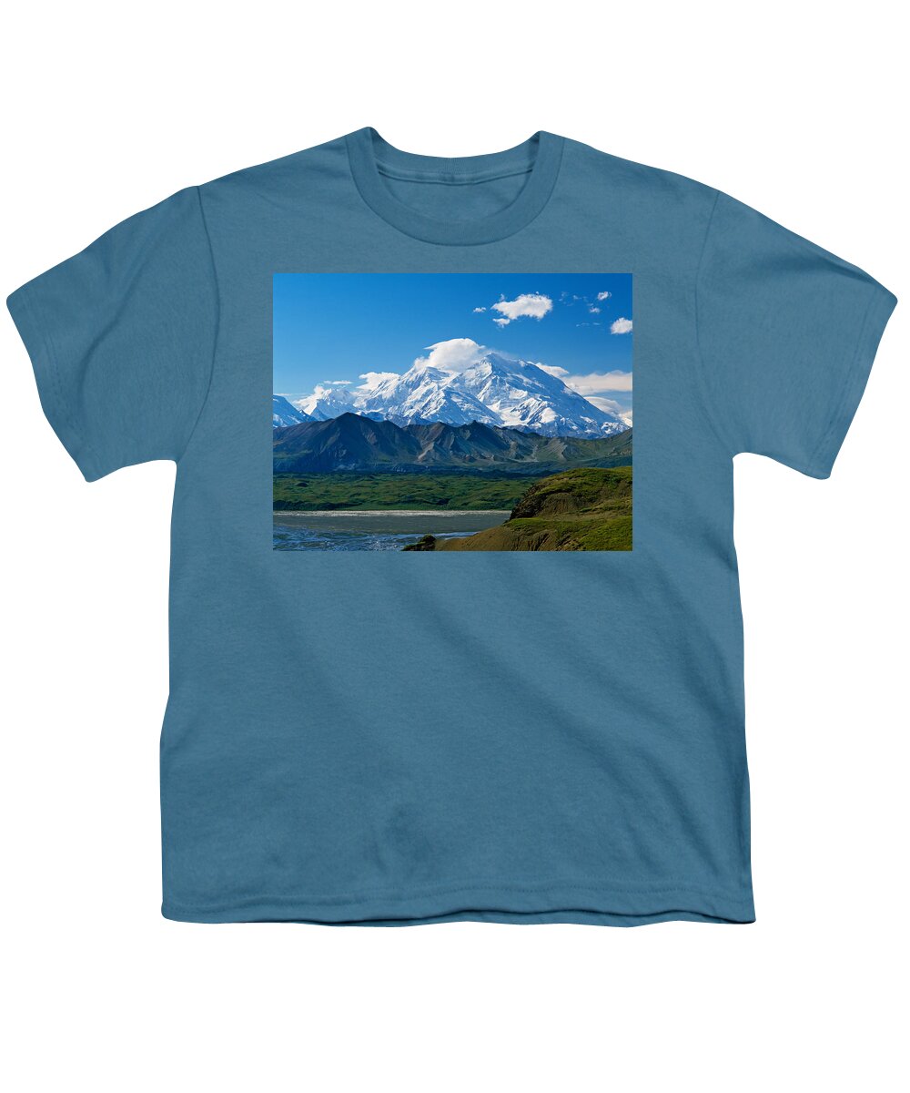 Photography Youth T-Shirt featuring the photograph Snow-covered Mount Mckinley, Blue Sky by Panoramic Images
