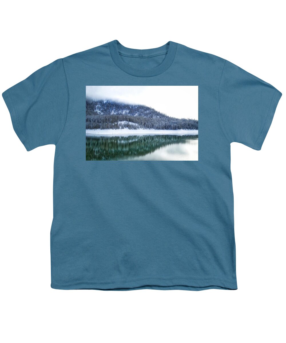 Snowy Trees On The Lake Youth T-Shirt featuring the photograph Snowy trees on the lake by Lynn Hopwood