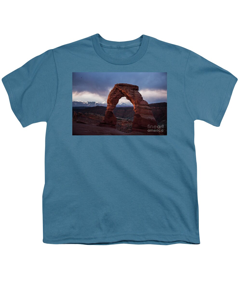Arches Youth T-Shirt featuring the photograph Sunrise at Delicate Arch by Agnes Caruso