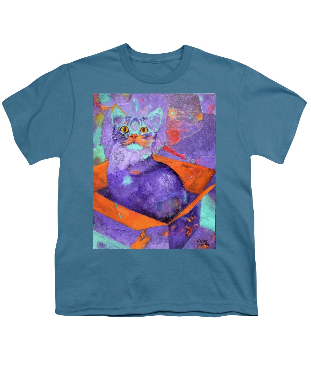 Cat Youth T-Shirt featuring the painting Cat in a Box by Nancy Jolley