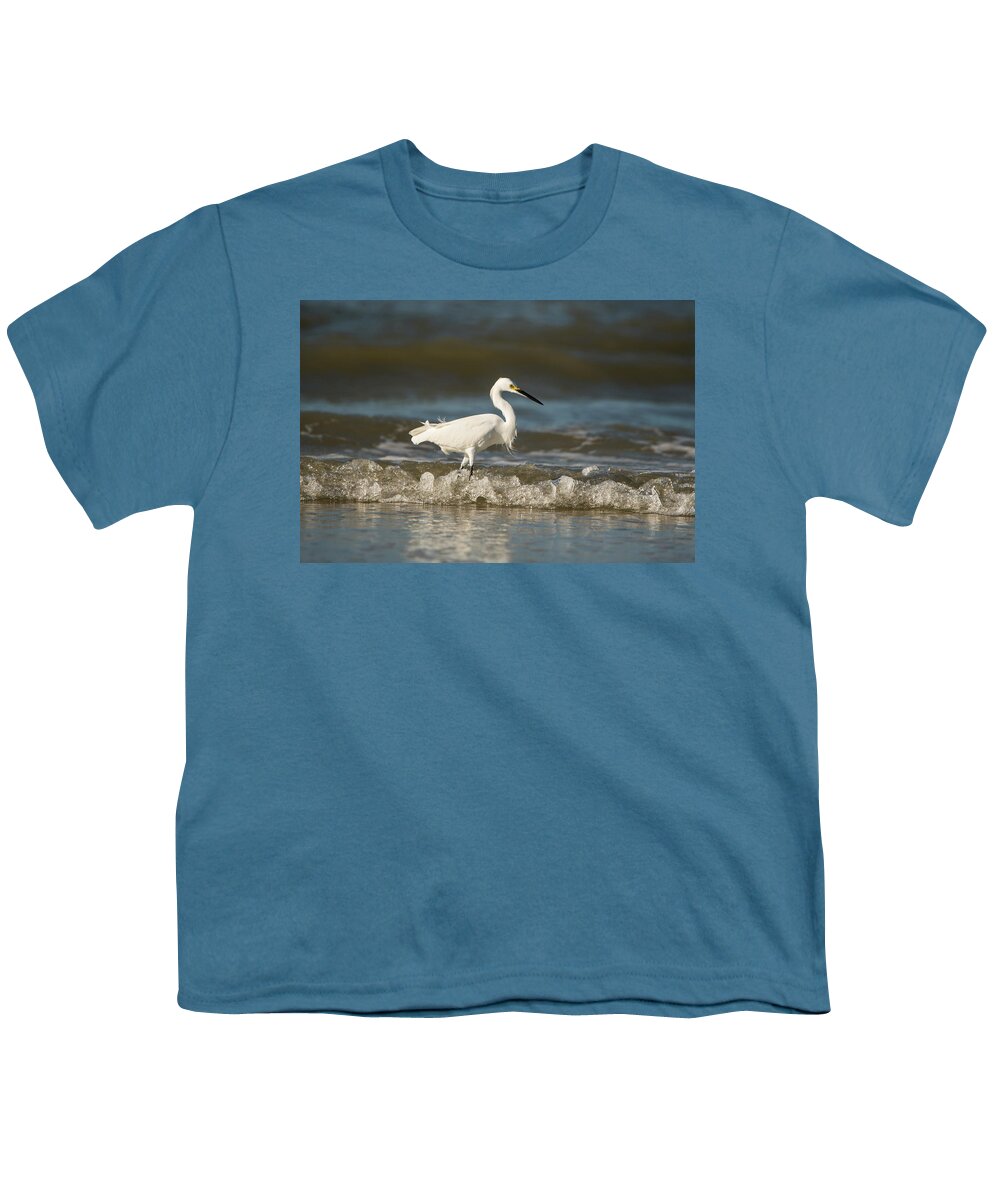 White Youth T-Shirt featuring the photograph White Egret Wading on the Shoreline by Artful Imagery