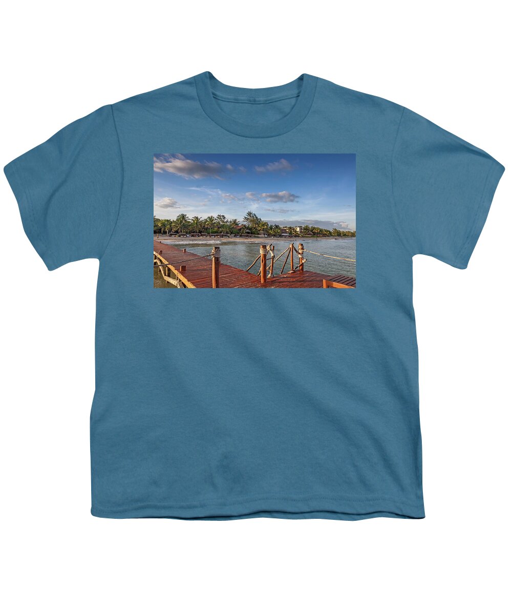 Estock Youth T-Shirt featuring the digital art Pier At Playa Del Carmen, Mexico #1 by Lumiere