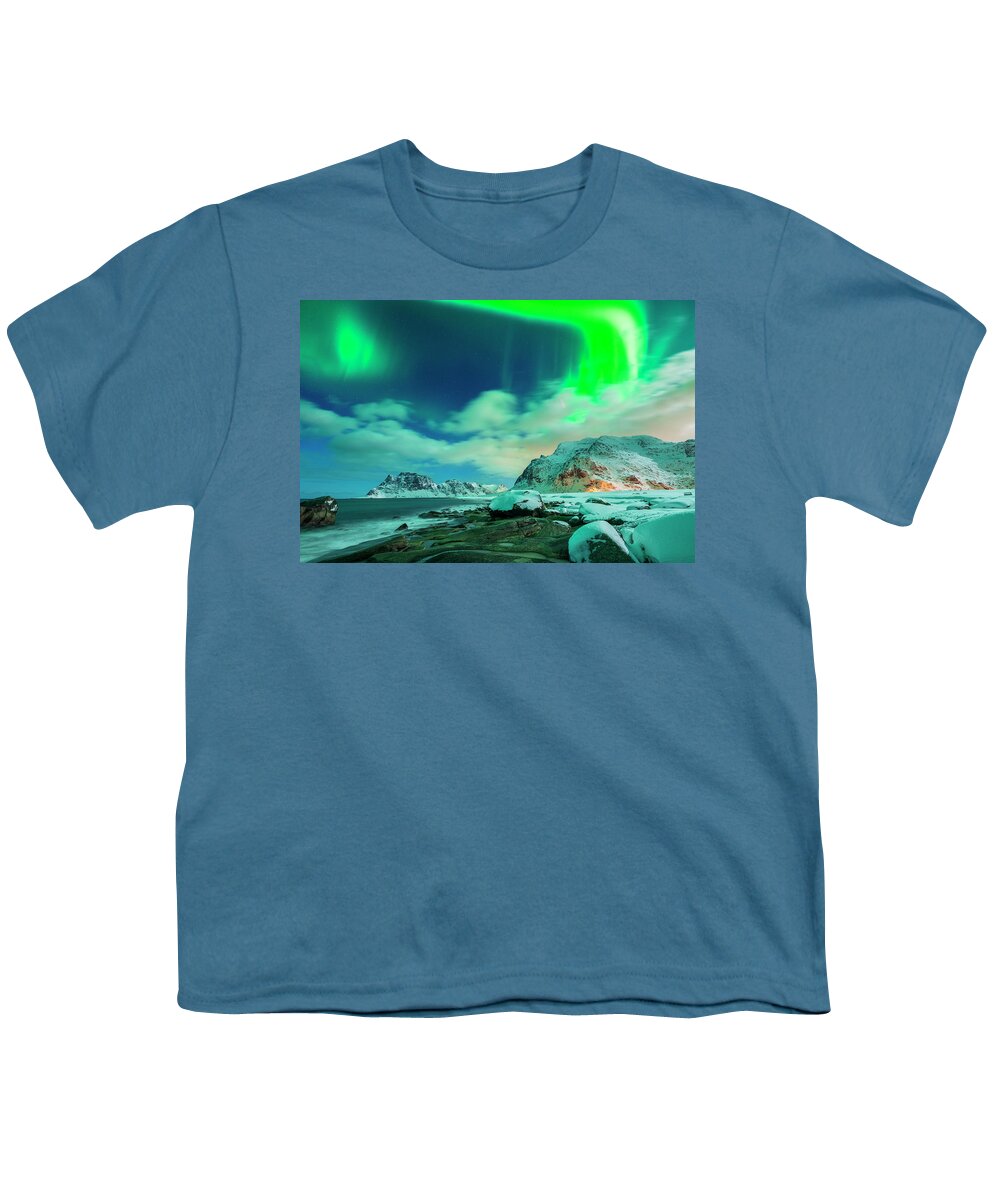 Estock Youth T-Shirt featuring the digital art Norway, Nordland, Lofoten Islands, Vestvagoy, Uttakleiv Beach By Night With Aurora Borealis #5 by Sebastian Wasek