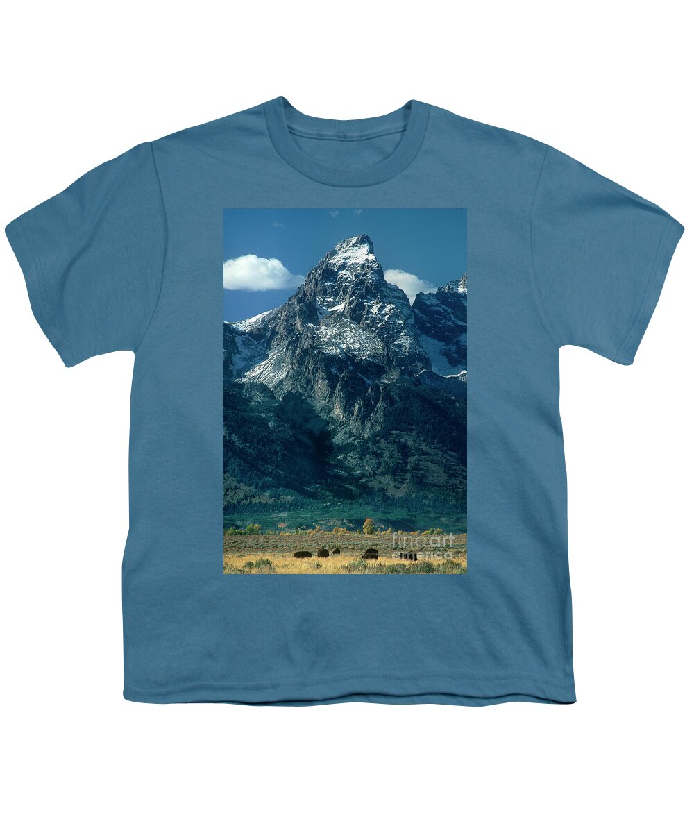 Dave Welling Youth T-Shirt featuring the photograph Bison Below The Tetons Grand Tetons Np Wyoming by Dave Welling