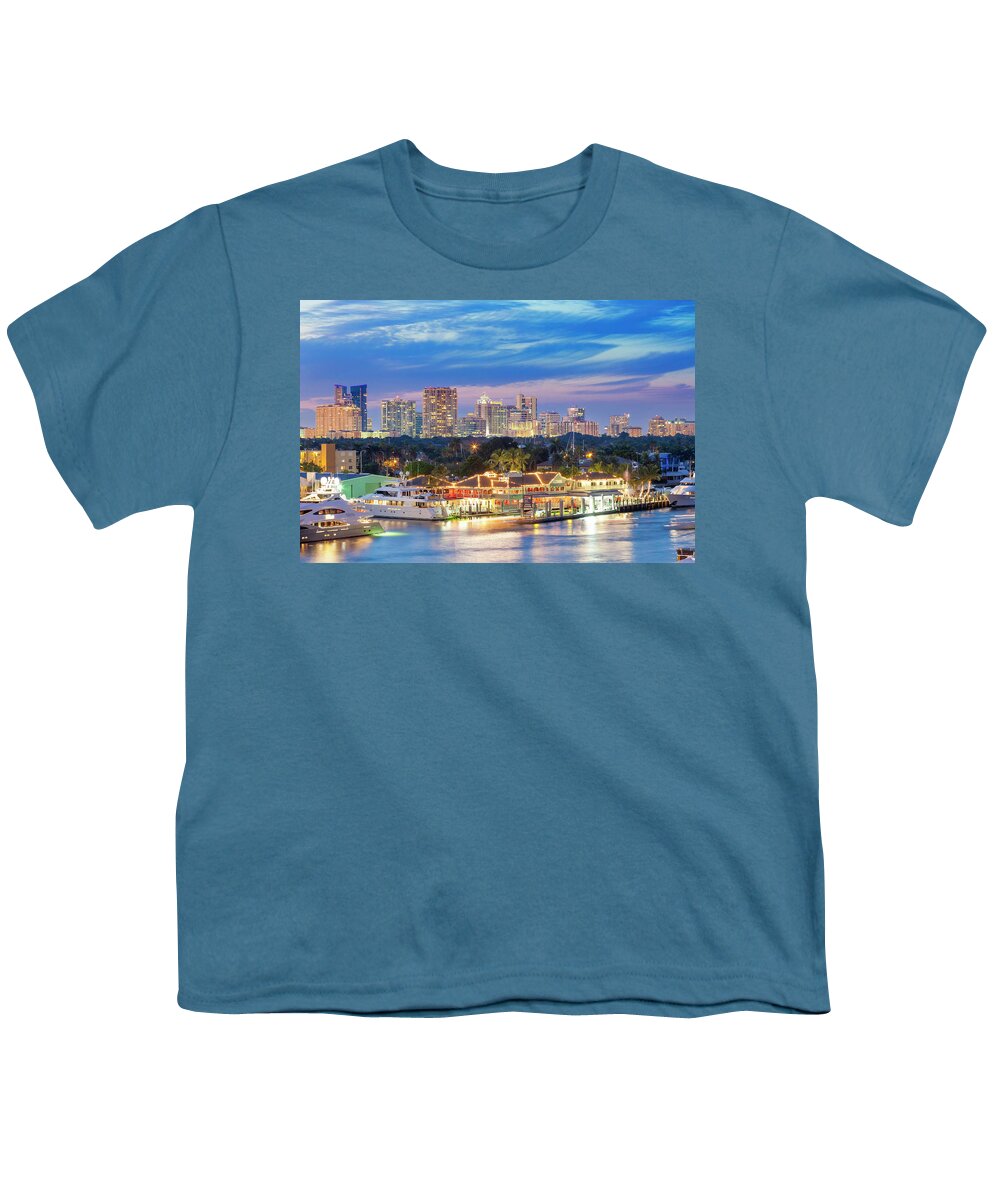 Estock Youth T-Shirt featuring the digital art Boats On Canal & Skyline by Pietro Canali