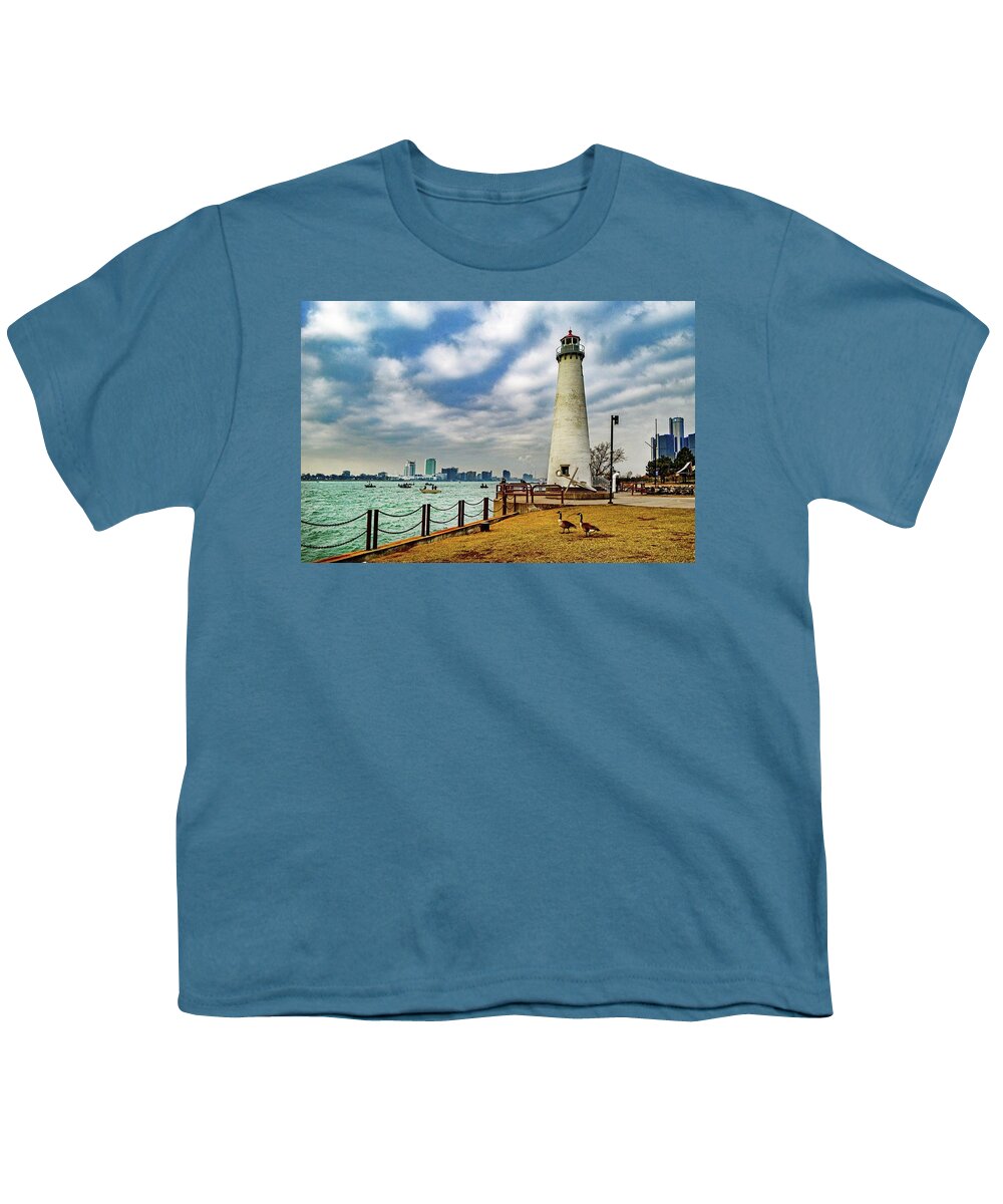 Detroit Youth T-Shirt featuring the photograph Detroit river Light House and Geese DSC_0096 by Michael Thomas