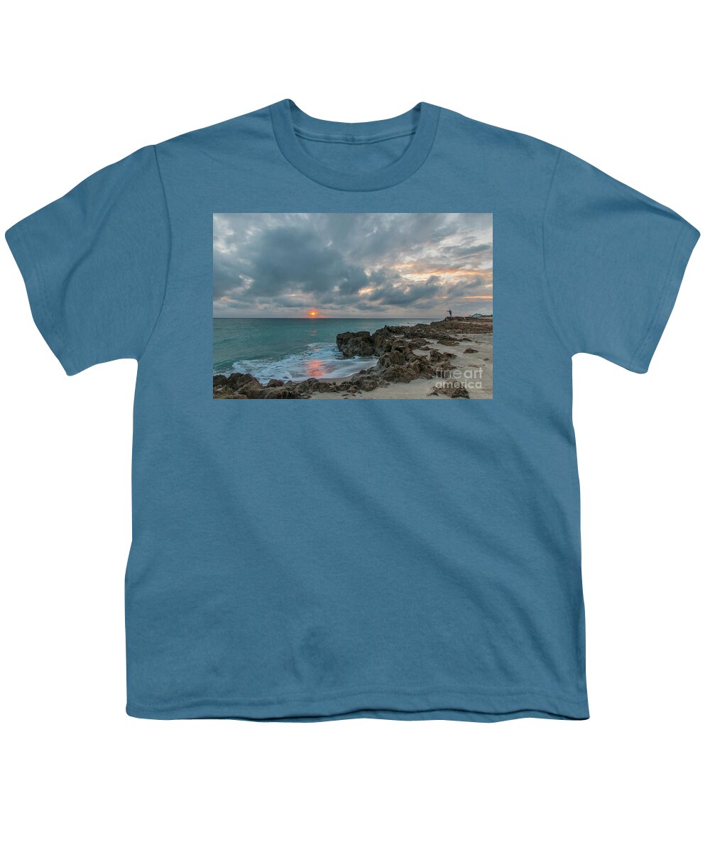 Fisherman Youth T-Shirt featuring the photograph Fisherman on Rocks by Tom Claud