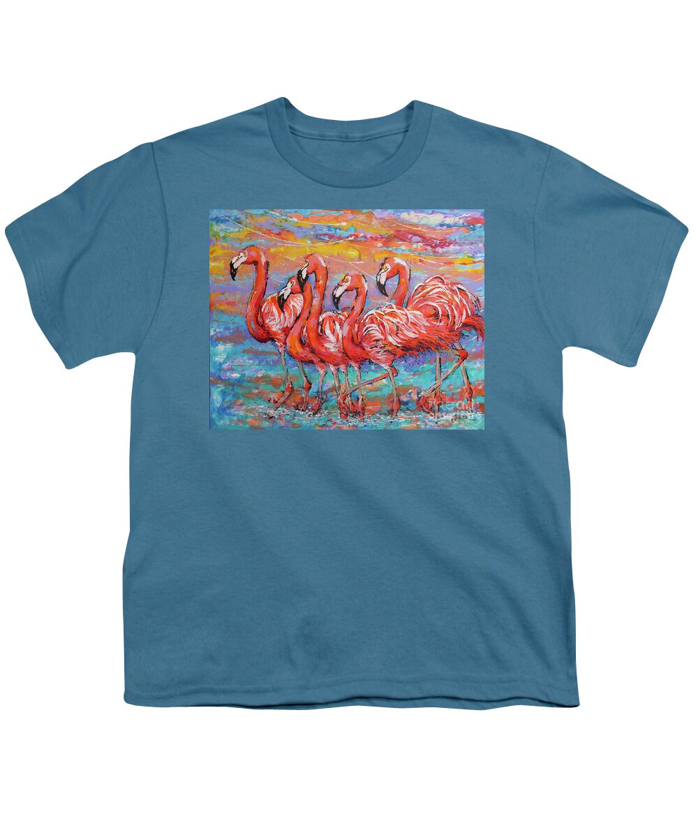 Youth T-Shirt featuring the painting Flamingos at Sunset by Jyotika Shroff