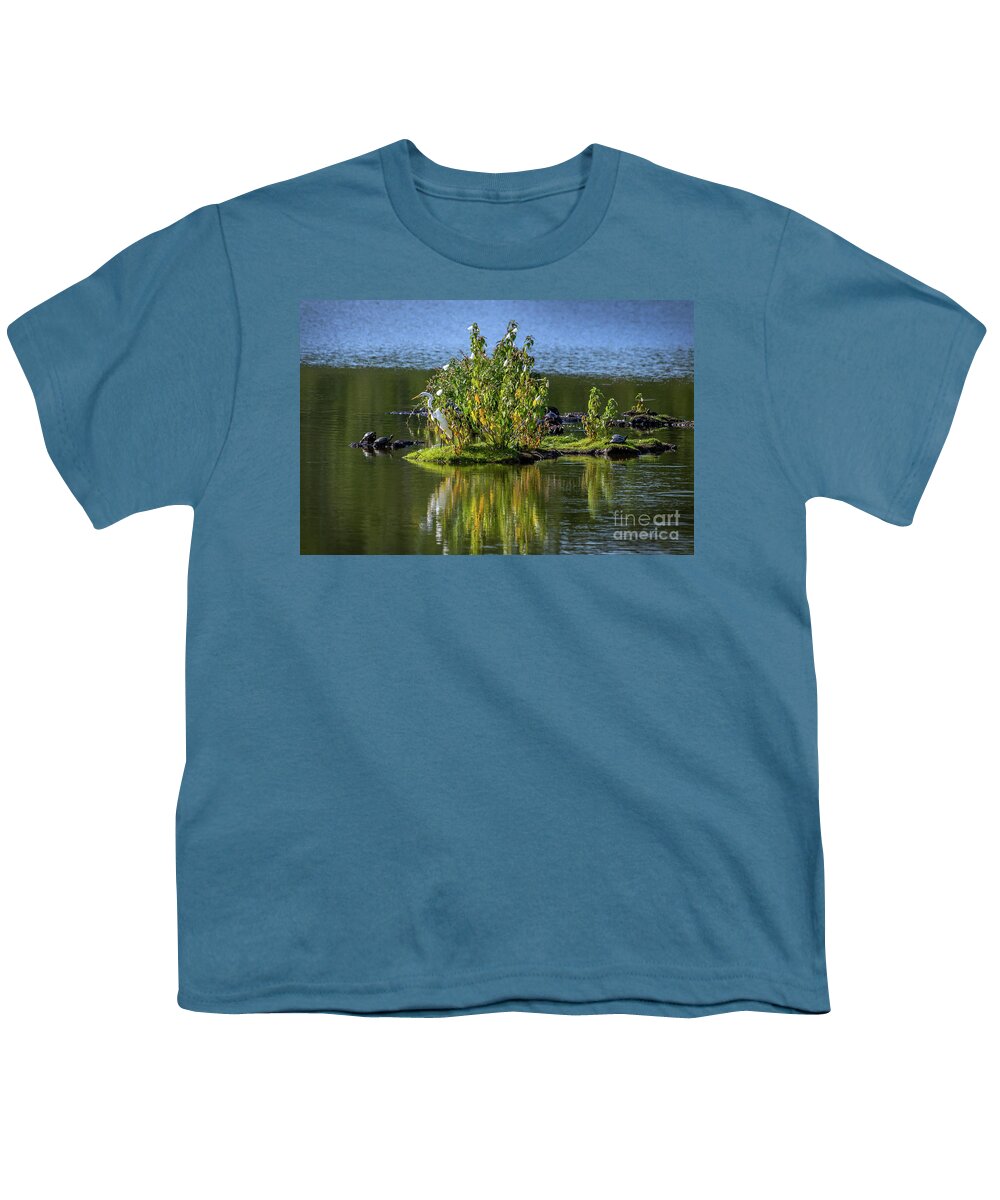 Great Egret Youth T-Shirt featuring the photograph Great Egret Fishing from a small Island with Turtles on the Chesapeake Bay by Patrick Wolf
