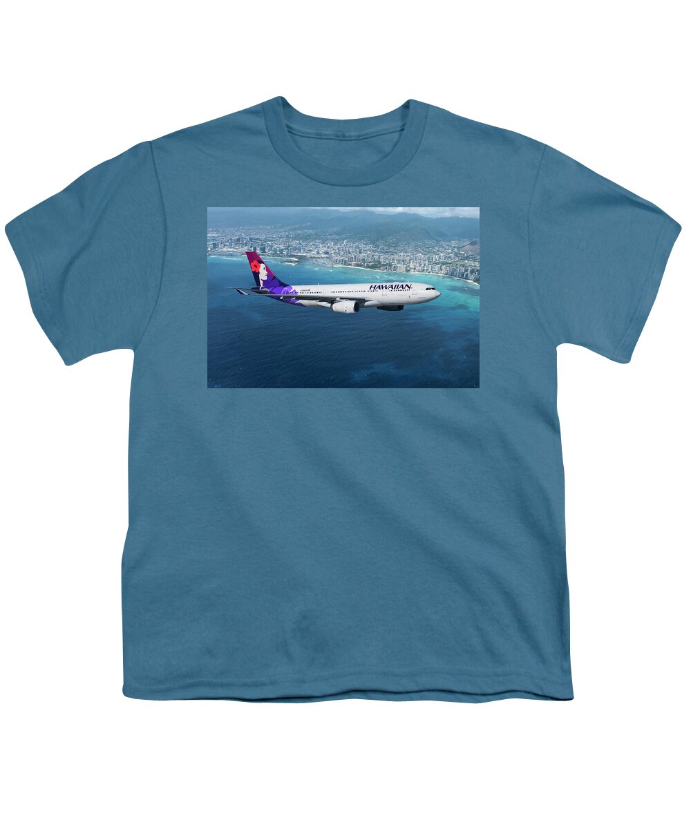Hawaiian Airlines Youth T-Shirt featuring the mixed media My Blue Hawaii Airbus by Erik Simonsen