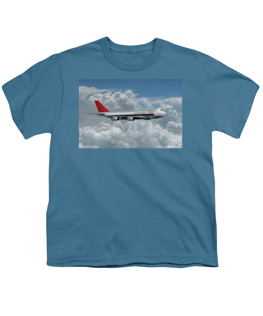 Northwest Orient Airlines Youth T-Shirt featuring the mixed media Northwest Orient Among the Clouds by Erik Simonsen