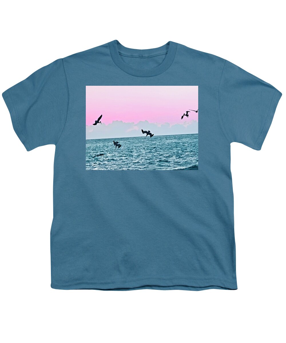Birds Youth T-Shirt featuring the photograph Seagulls Diving for Dinner at Sunset in Captiva Island Florida by Shelly Tschupp