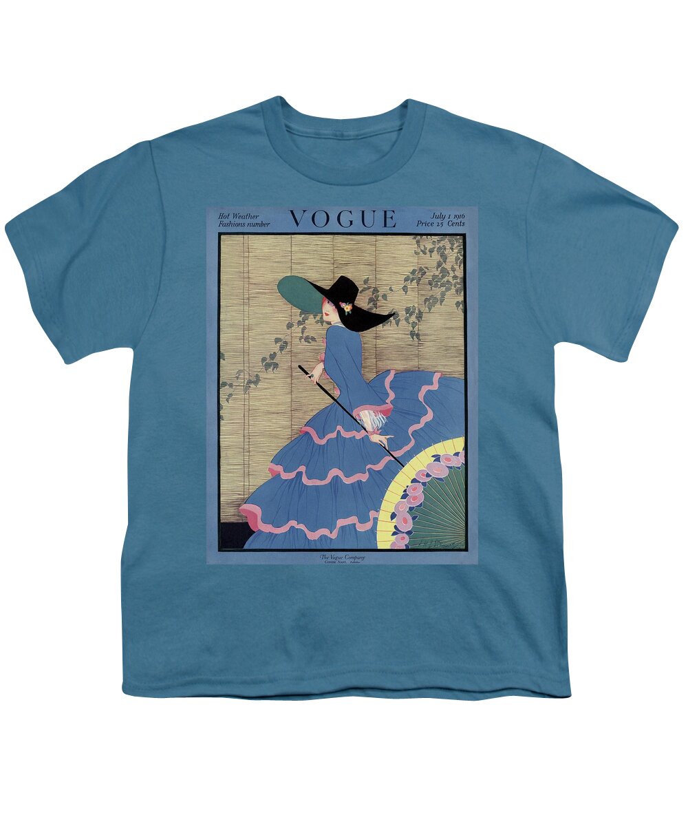 #new2022vogue Youth T-Shirt featuring the painting Vintage Vogue Cover Of A Woman In A Tiered Blue by E M A Steinmetz
