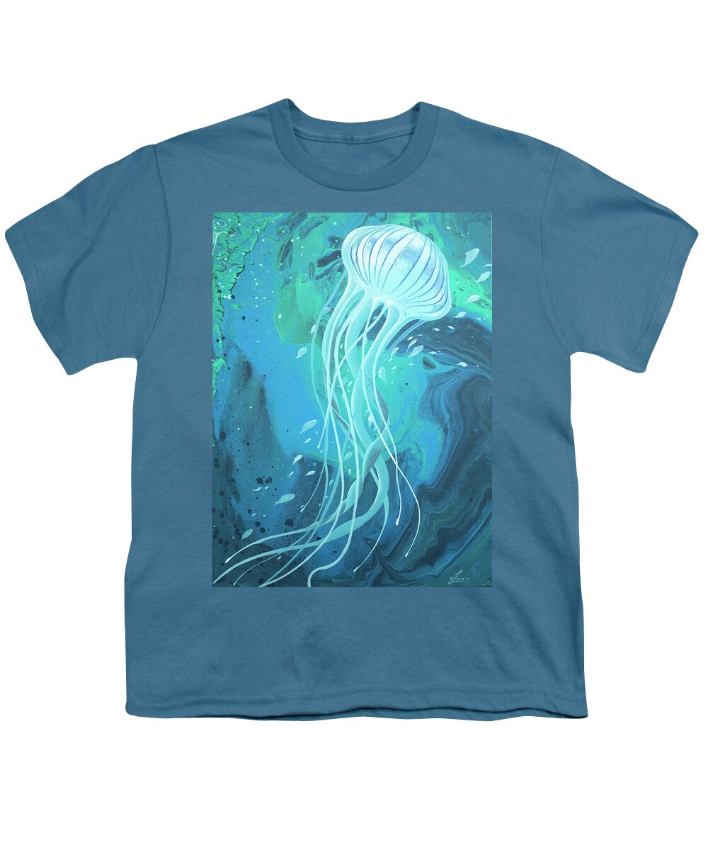 White Jellyfish On Blue - 20” X 16” Acrylic On Canvas Youth T-Shirt featuring the painting White Jellyfish by William Love