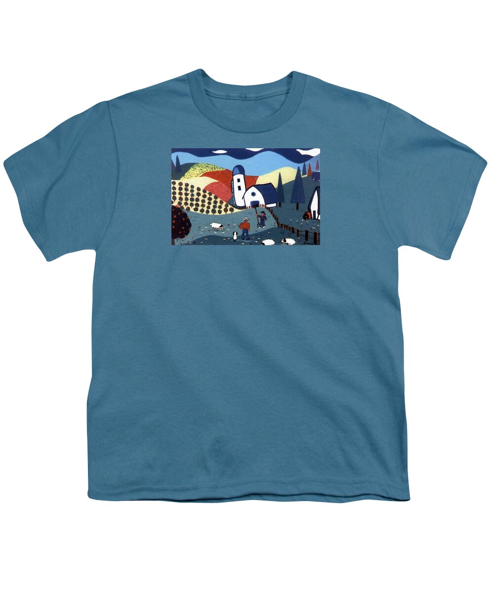 Farm Youth T-Shirt featuring the painting Orchard Orators #1 by Joyce Gebauer