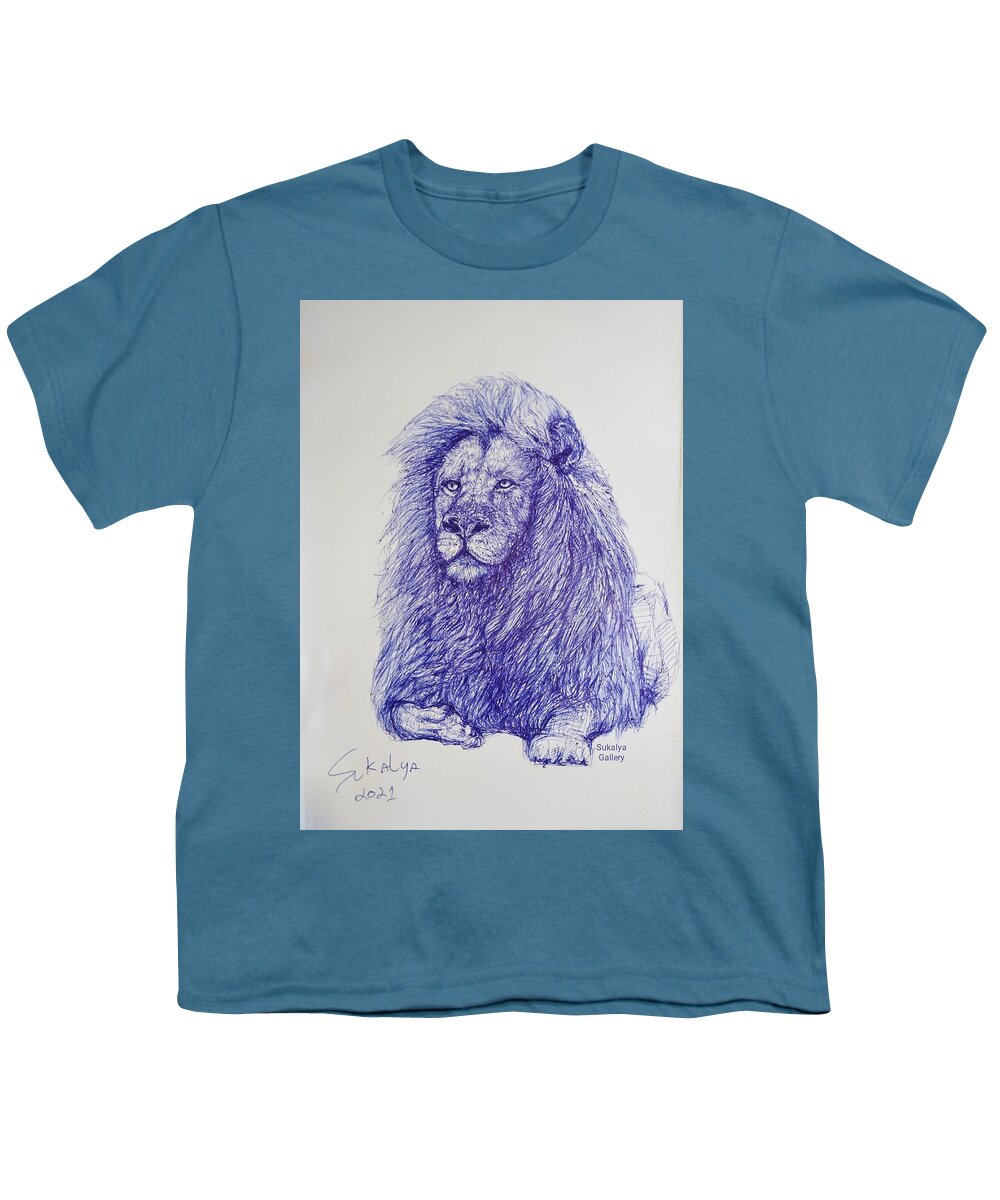 Lion Youth T-Shirt featuring the drawing Lion Of The Wisdom by Sukalya Chearanantana