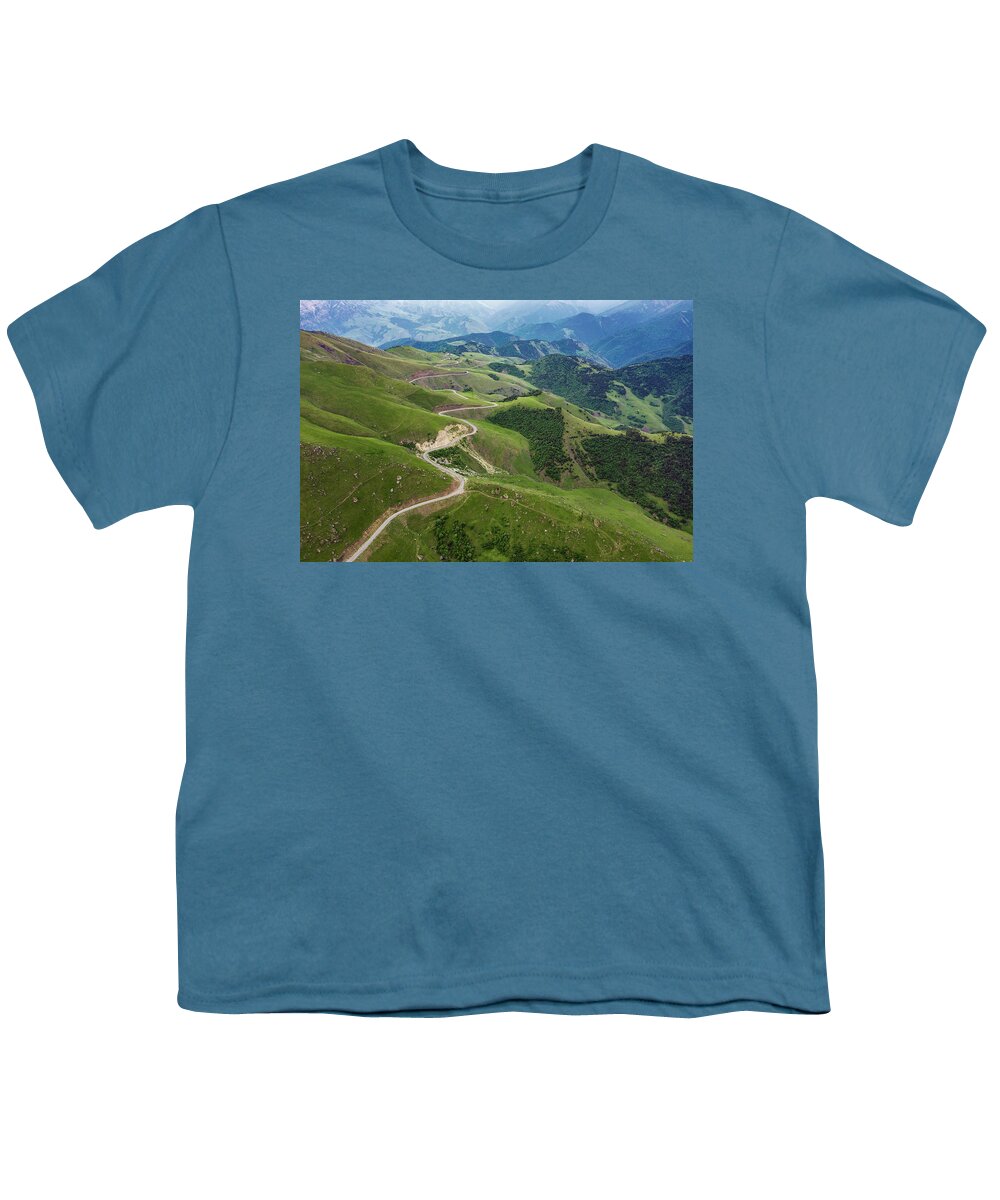 Mountain Youth T-Shirt featuring the photograph Aerial view of road in mountains by Mikhail Kokhanchikov