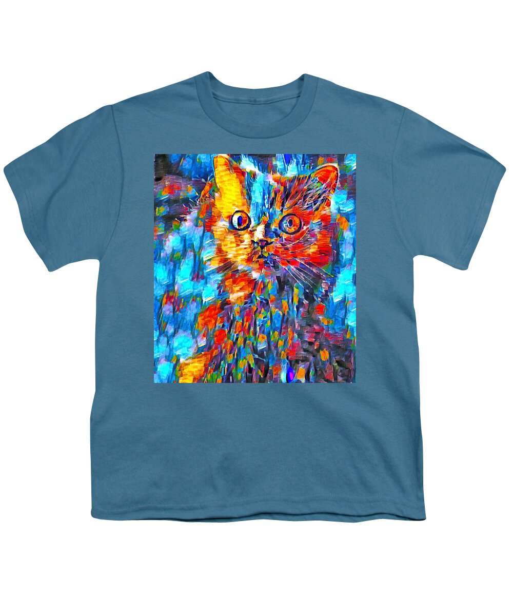 Persian Cat Youth T-Shirt featuring the digital art Alert colorful Persian cat abstract painting by Nicko Prints