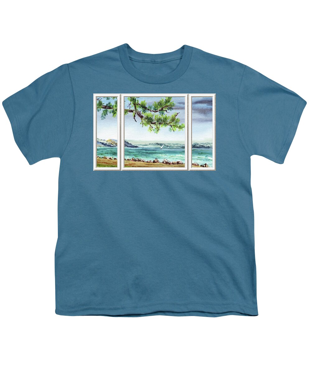 Window View Youth T-Shirt featuring the painting Beach House Window View To Ocean And Sailboat Watercolor XVII by Irina Sztukowski