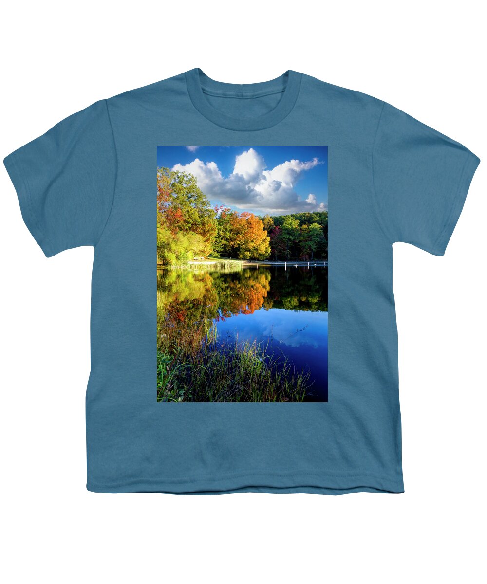 Benton Youth T-Shirt featuring the photograph Beautiful Autumn Lake Reflections Smoky Mountains by Debra and Dave Vanderlaan