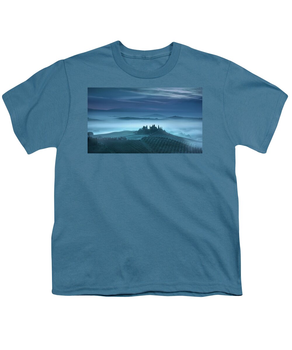 Tuscany Youth T-Shirt featuring the photograph Blue Morning in Val d'Orcia by Stefano Orazzini
