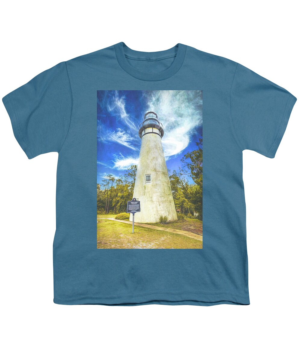 Lighthouse Youth T-Shirt featuring the photograph Blue Sky and White Clouds at the Amelia Island Lighthouse Water by Debra and Dave Vanderlaan