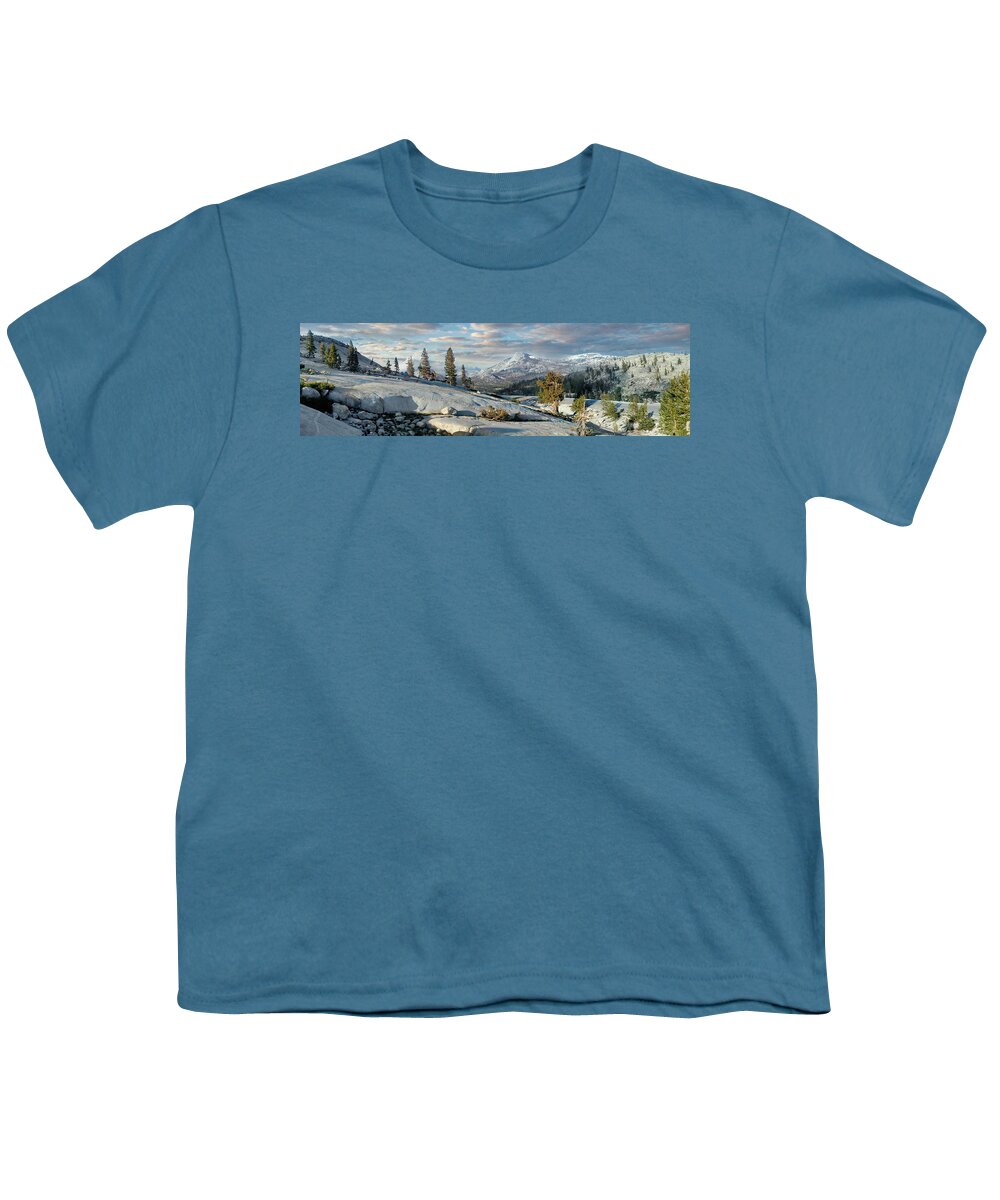 California Youth T-Shirt featuring the photograph California Mountains Tioga Pass Rocky Paradise panorama by Dan Carmichael