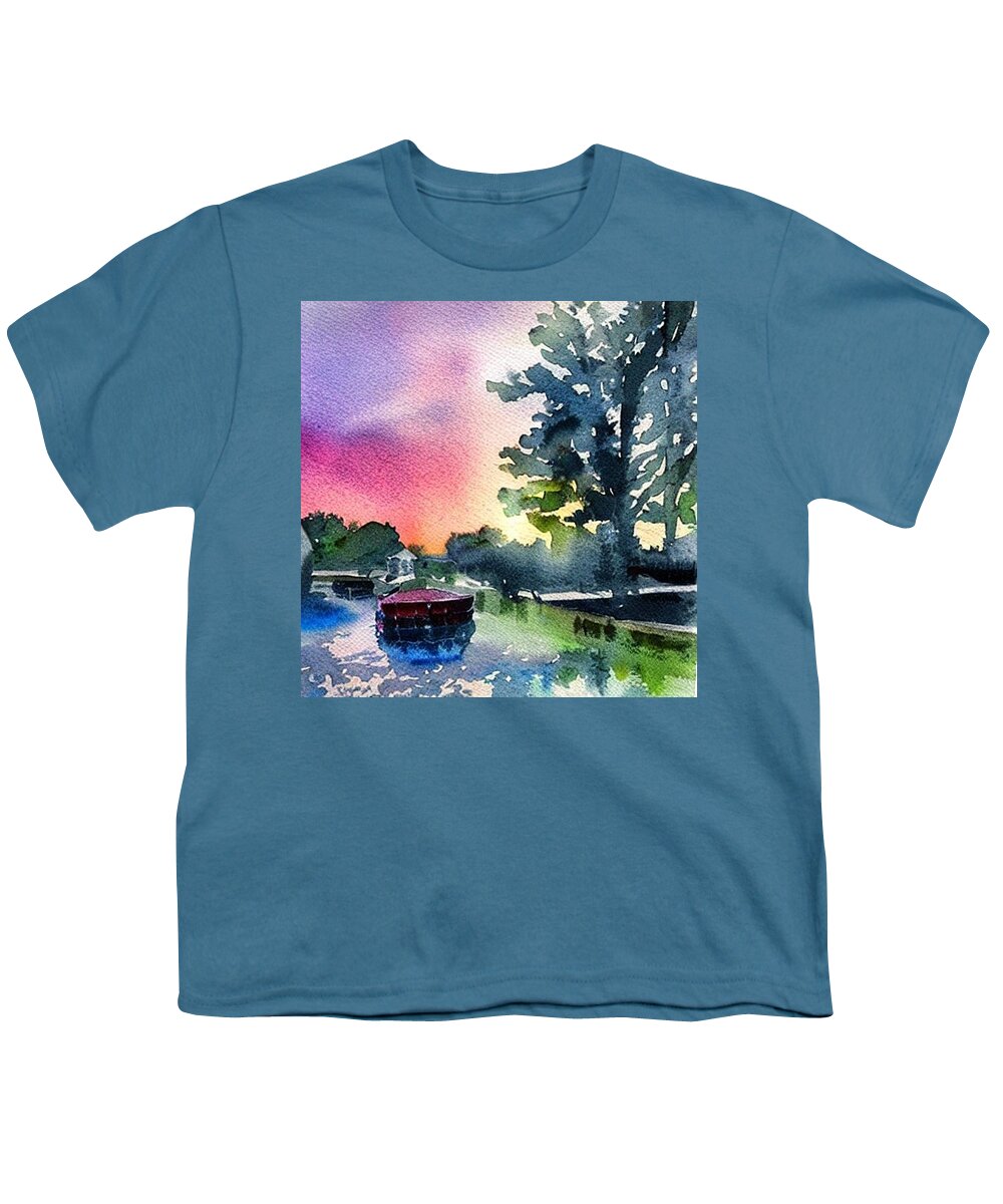 Waterloo Village Youth T-Shirt featuring the painting Canal Boat at Waterloo Village, Morris Canal, Sunset by Christopher Lotito