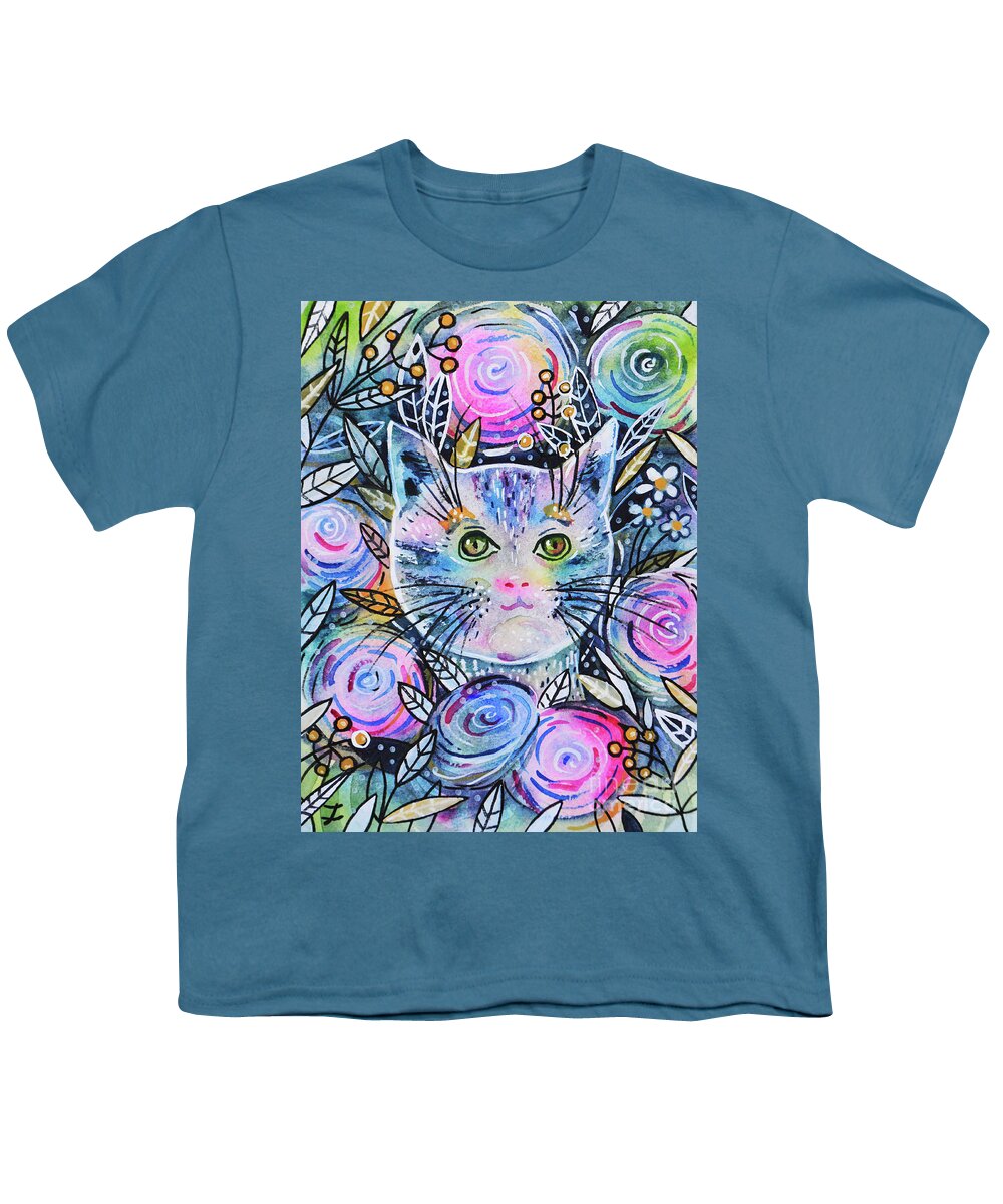 Floral Cat Youth T-Shirt featuring the painting Cat on Flower Bed by Zaira Dzhaubaeva