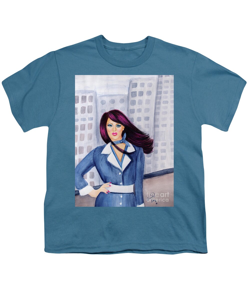 Fine Art Youth T-Shirt featuring the mixed media Chelsea Girl City Blues by Dorothy Lee