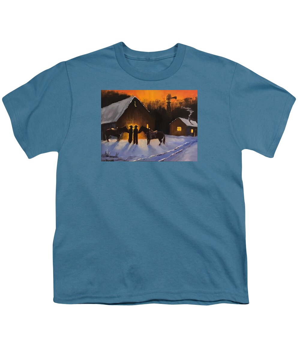 Cowboys Youth T-Shirt featuring the painting Cowboys Evening by Shawn Smith