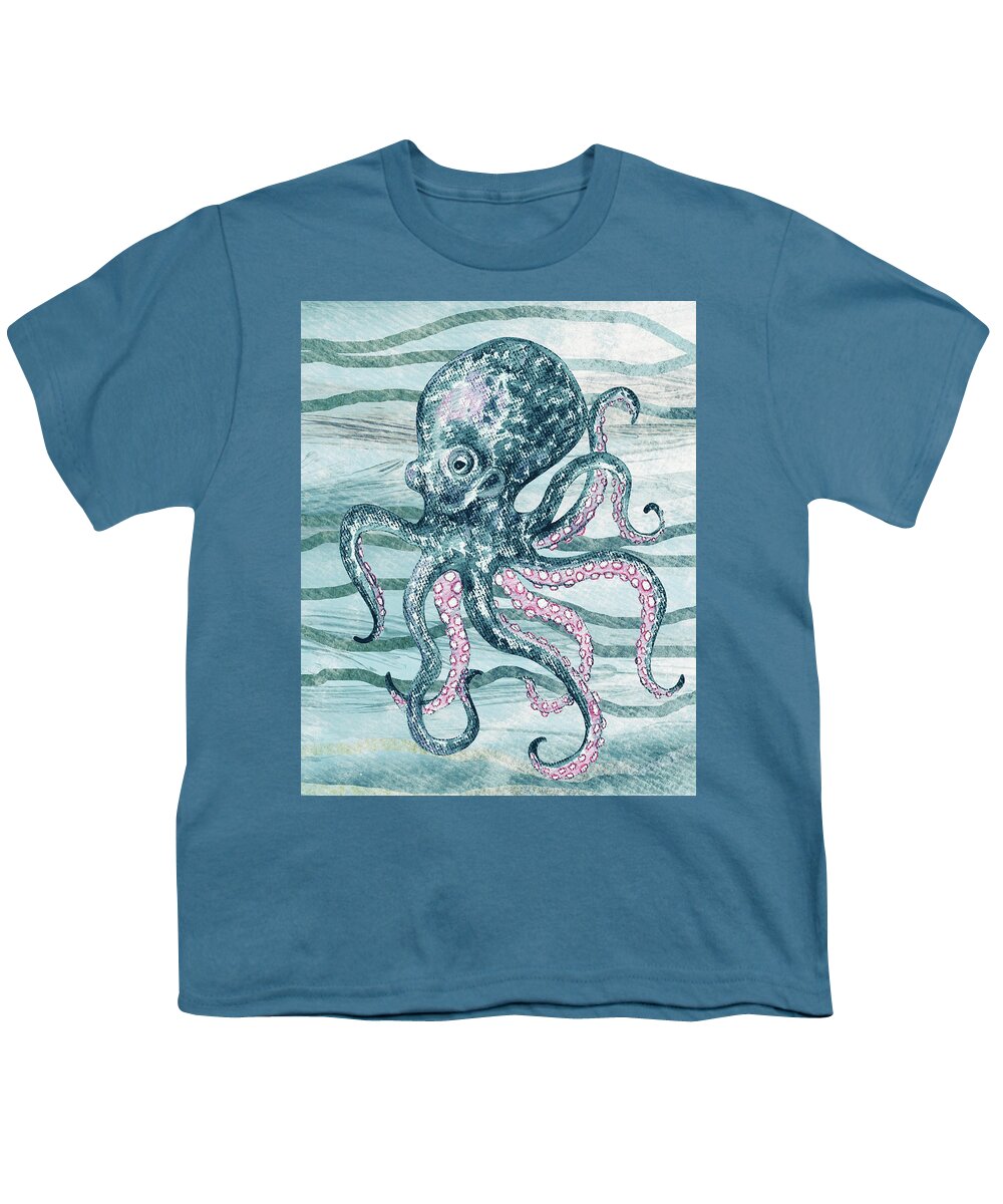 Octopus Youth T-Shirt featuring the painting Cute Teal Blue Watercolor Octopus On Calm Wave Beach Art by Irina Sztukowski
