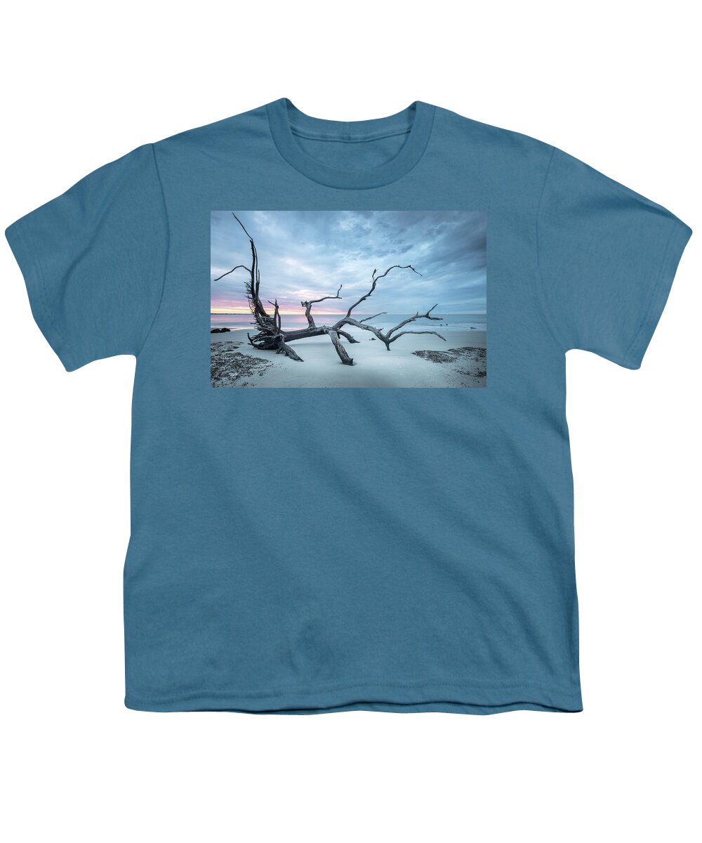 Driftwood Beach Youth T-Shirt featuring the photograph Beach Driftwood Footprints Jekyll Island Georgia Sunrise by Jordan Hill