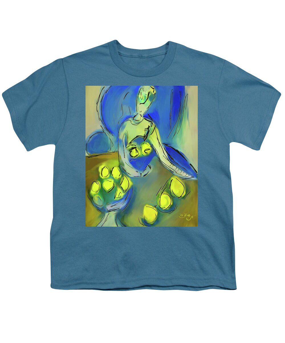Female Figure Lemons Youth T-Shirt featuring the painting Female Figure with halo hat holding a bowl of lemons stacking lemons next to a footed pedestal of le by MendyZ