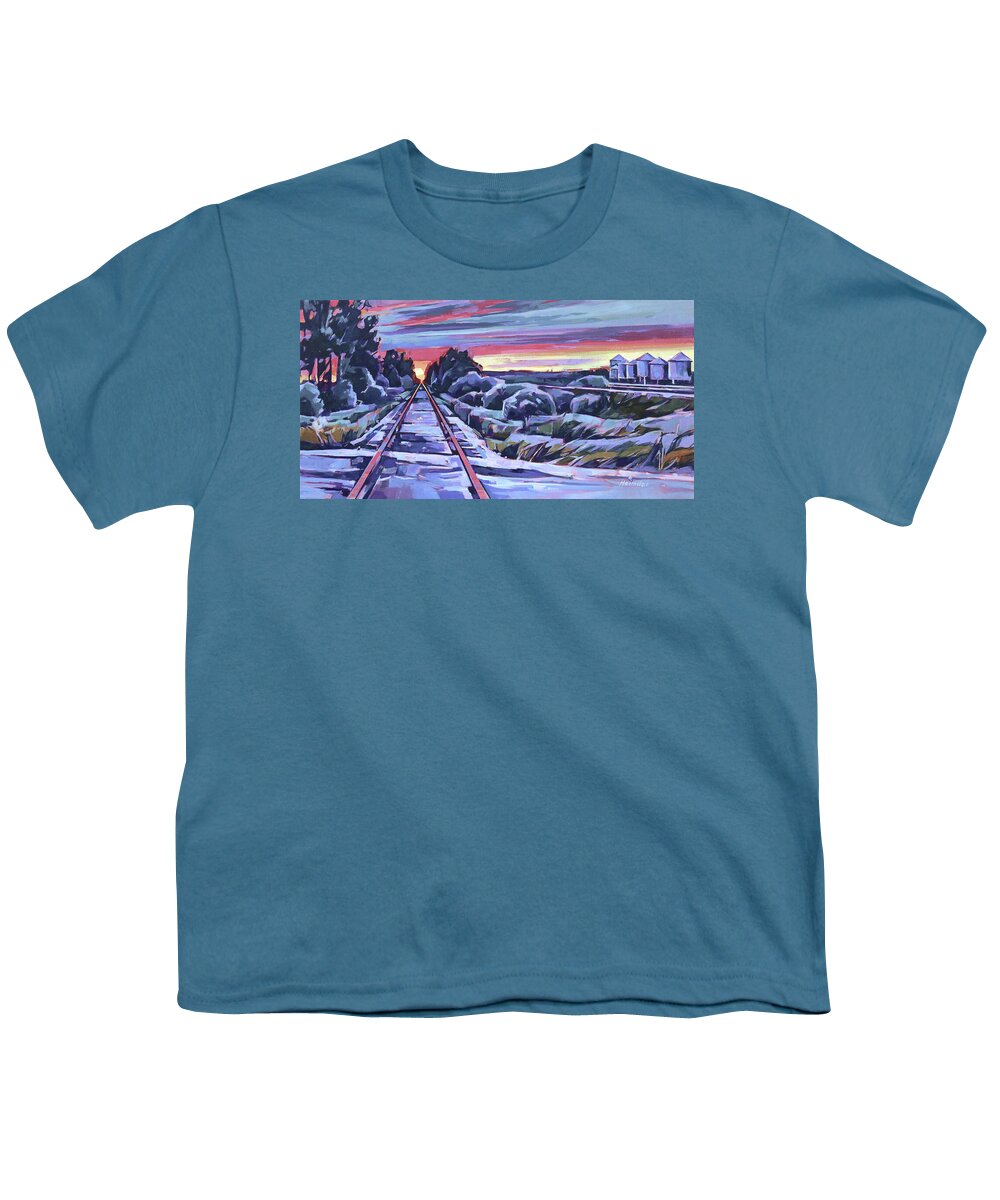 Railway Crossing Youth T-Shirt featuring the painting Goodfare Crossing at Twilight by Tim Heimdal