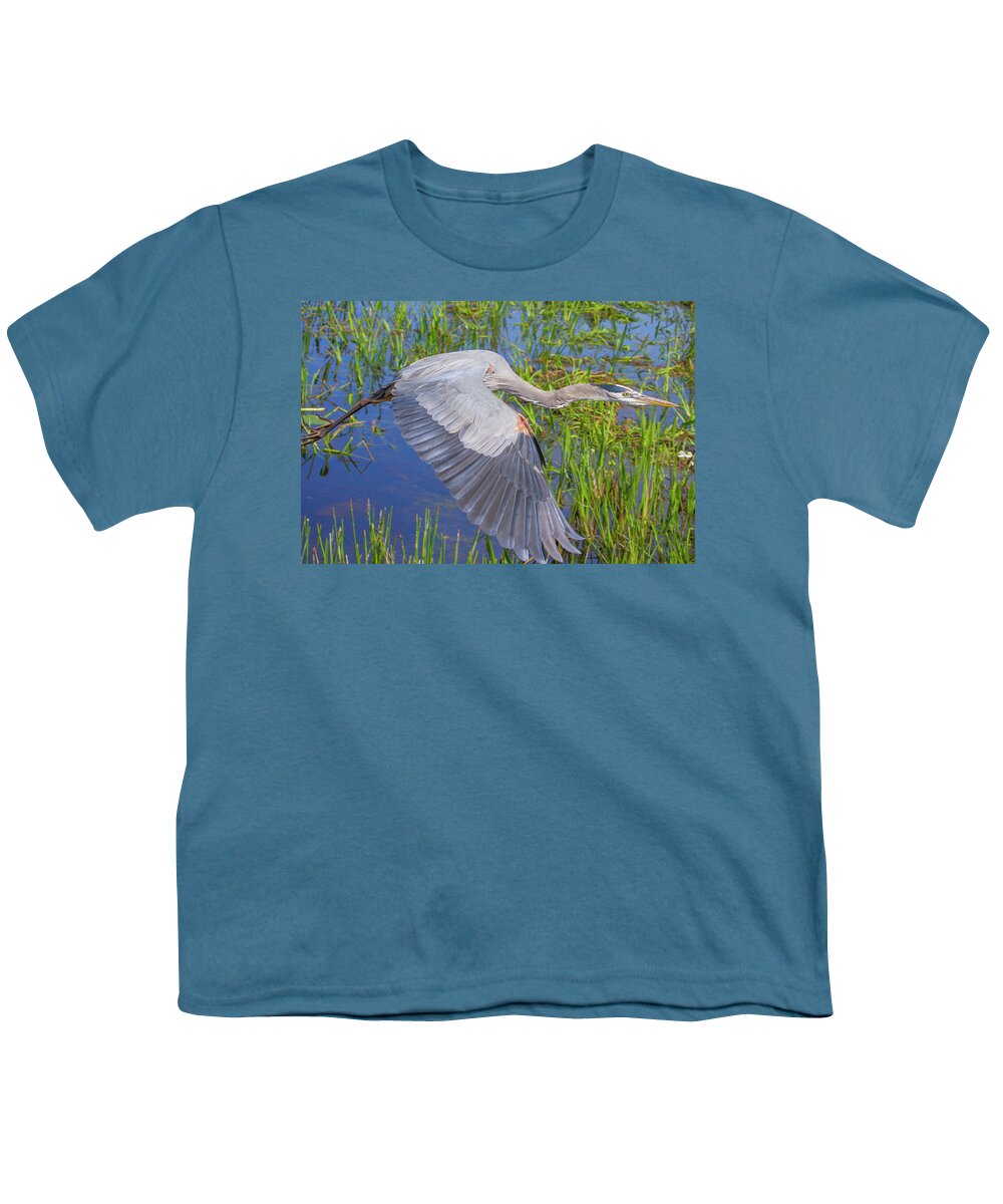 Great Blue Heron Youth T-Shirt featuring the photograph Great Blue Heron Flight by Mark Andrew Thomas