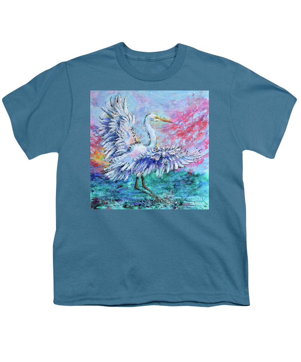  Youth T-Shirt featuring the painting Great Egret's Glorious Landing by Jyotika Shroff