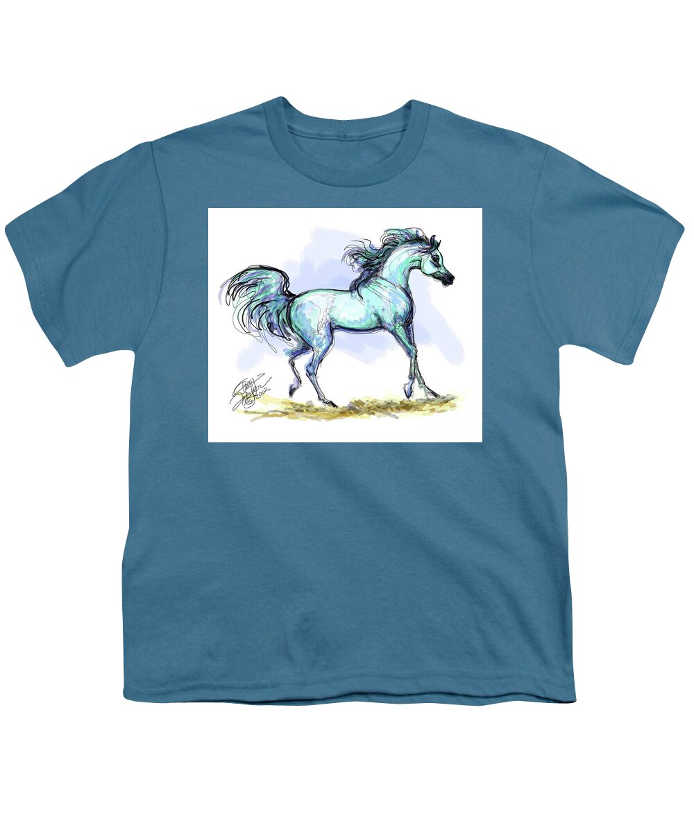 Equestrian Art Youth T-Shirt featuring the digital art Grey Arabian Stallion Watercolor by Stacey Mayer by Stacey Mayer