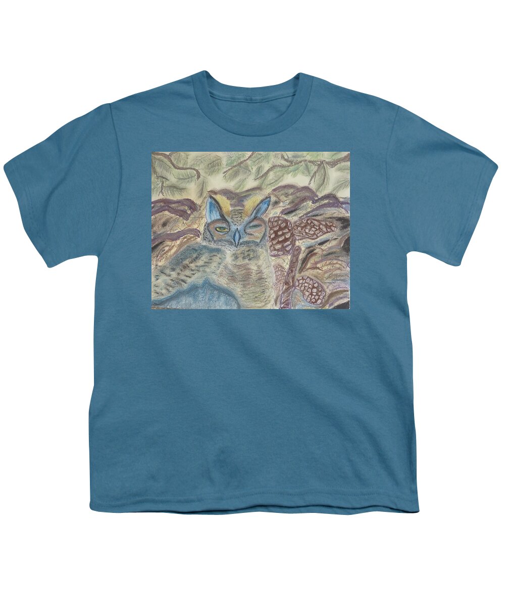 Horned Owl Youth T-Shirt featuring the pastel Horned Owl Nesting by Suzanne Berthier