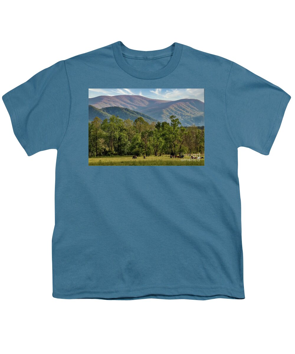 Landscape Youth T-Shirt featuring the photograph Horses grazing in Cades Cove by Theresa D Williams